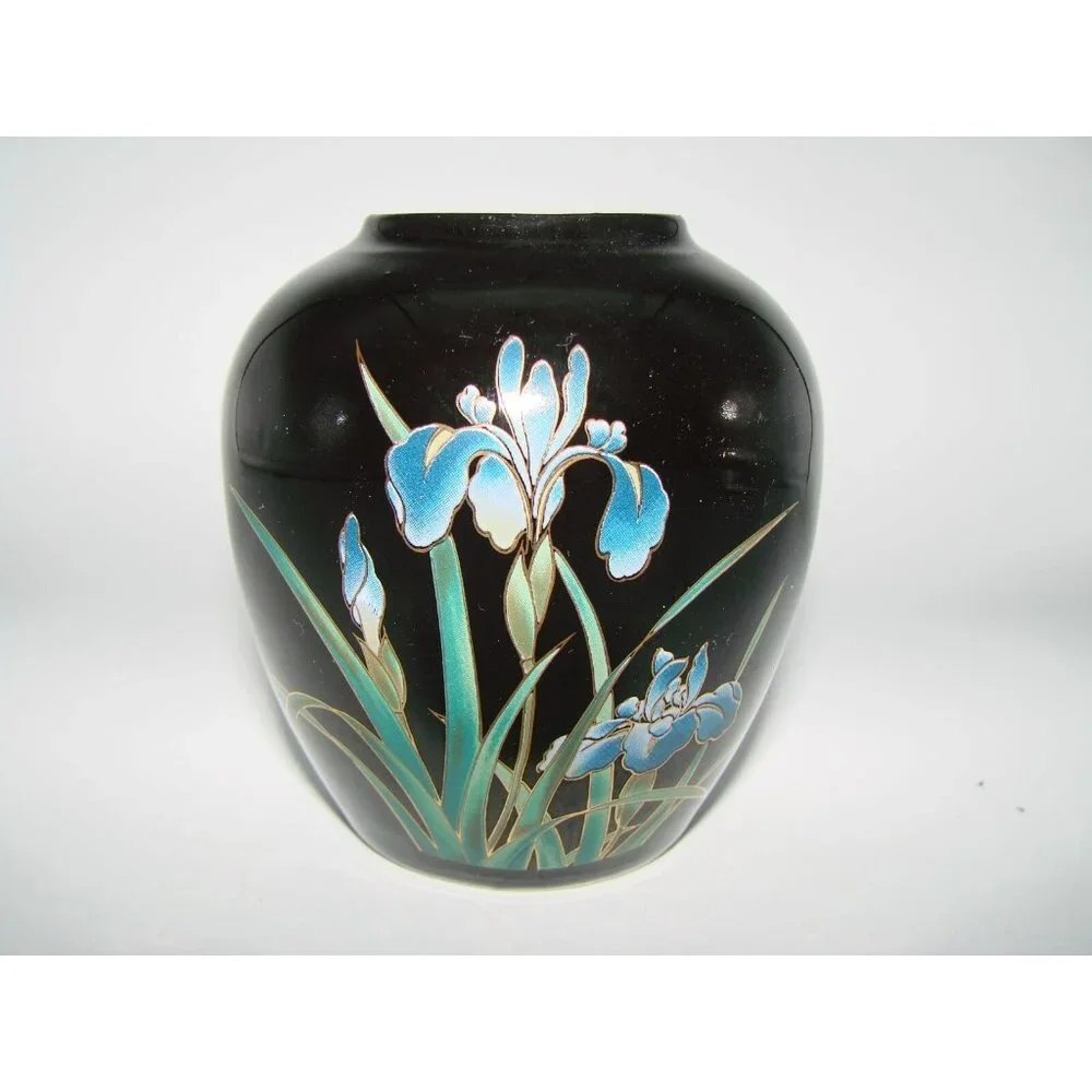 San Francisco Black Onyx Trinket Jar Vase Floral Hand Painted Decorative Flower